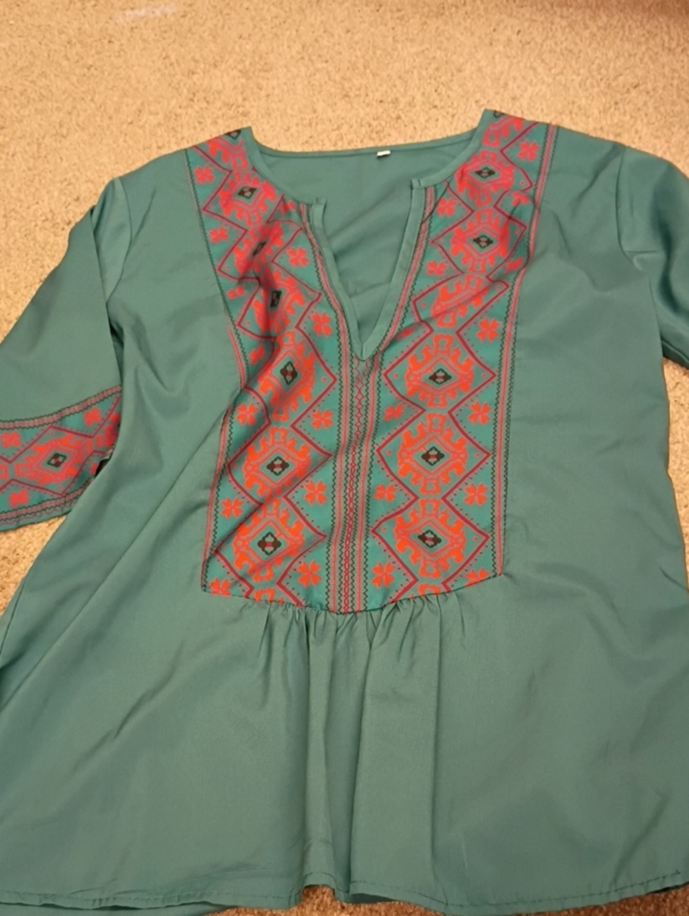Embroidered Teal Women’s Peasant Top - Brand Unspecified